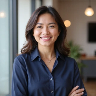 Portrait of Eka Sari, a weight management specialist at NutriLife Indonesia, with an encouraging smile.