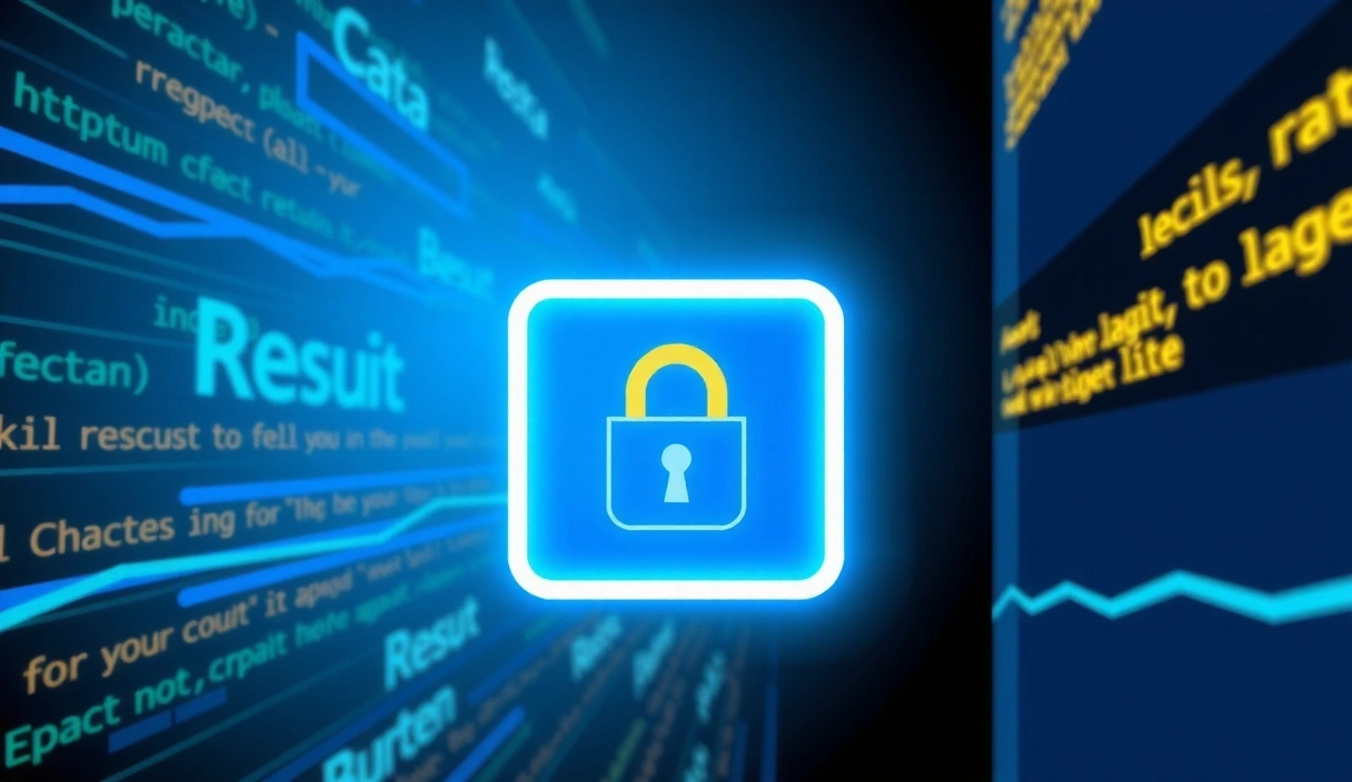 Un lucchetto digitale stilizzato a simboleggiare la sicurezza dei dati, con linee di codice e un'interfaccia cibernetica sullo sfondo.