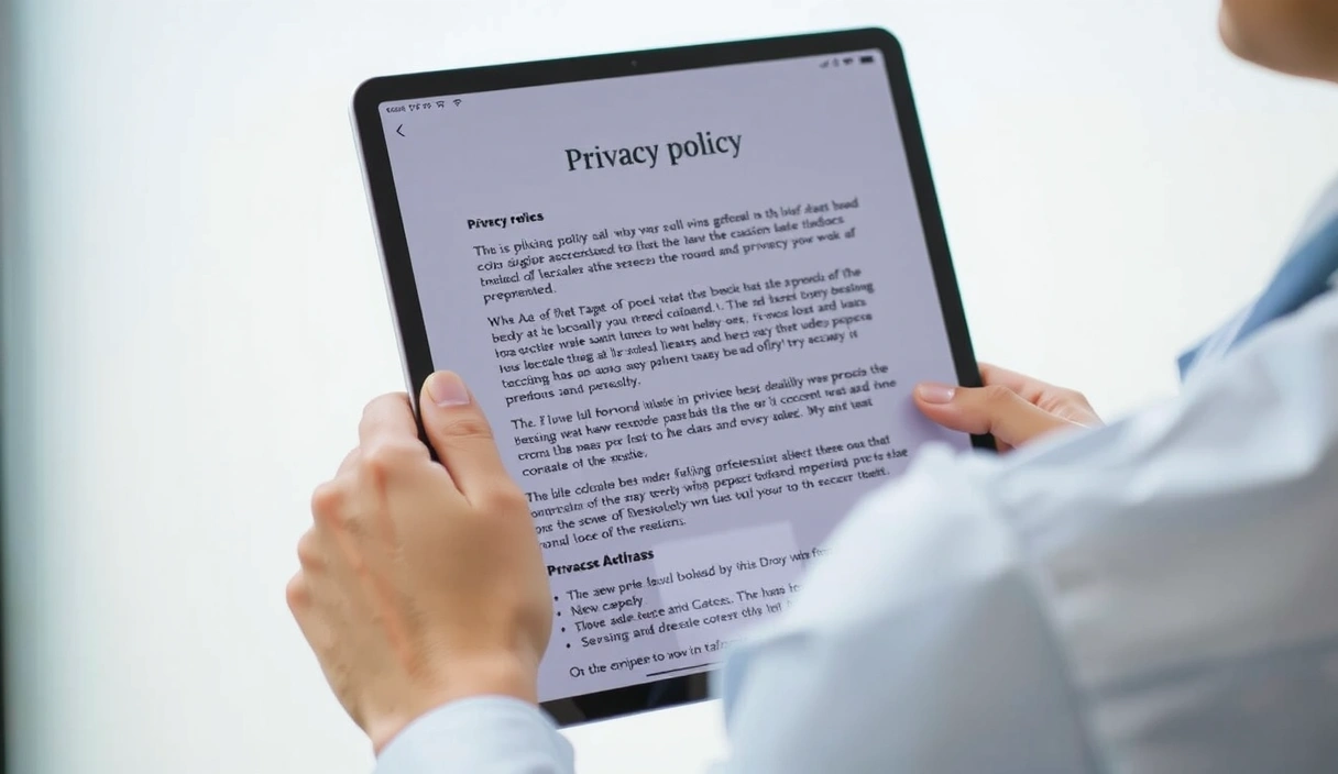 Una persona che legge un documento di privacy policy su un tablet con un'interfaccia utente pulita e moderna.