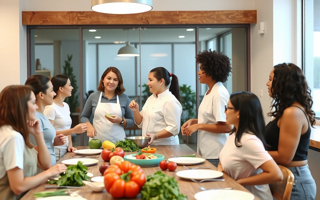 Un gruppo di persone che partecipano a un workshop di cucina sana, con uno chef che dimostra come preparare un piatto e ingredienti freschi sul bancone.
