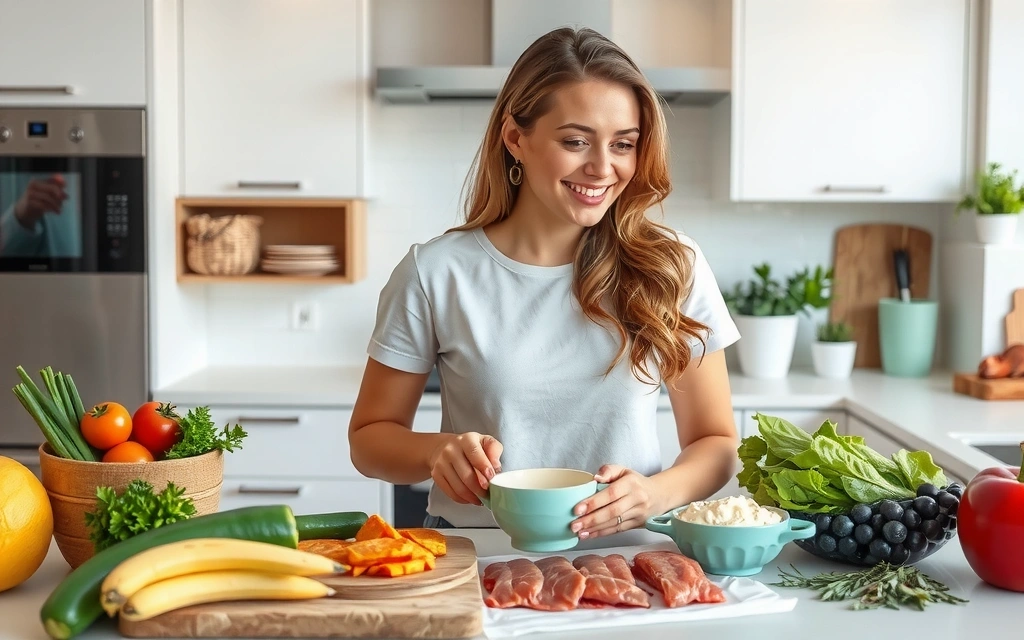 Una donna sorridente che prepara un pasto sano, con ingredienti freschi e colorati sul tavolo della cucina.