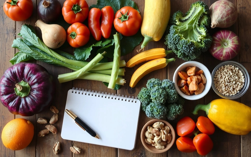 Una varietà di cibi sani e colorati disposti in modo artistico su un tavolo di legno, con un taccuino e una penna che suggeriscono la pianificazione dei pasti.