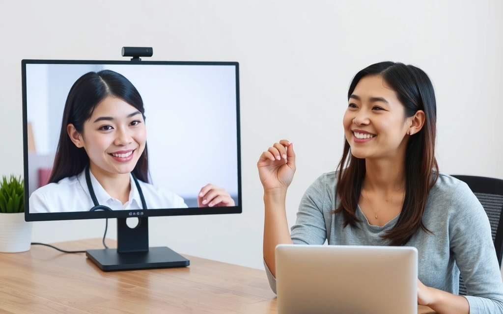 Una nutrizionista che conduce una consulenza online via videochiamata con una paziente, entrambi sorridenti e impegnati nella conversazione.