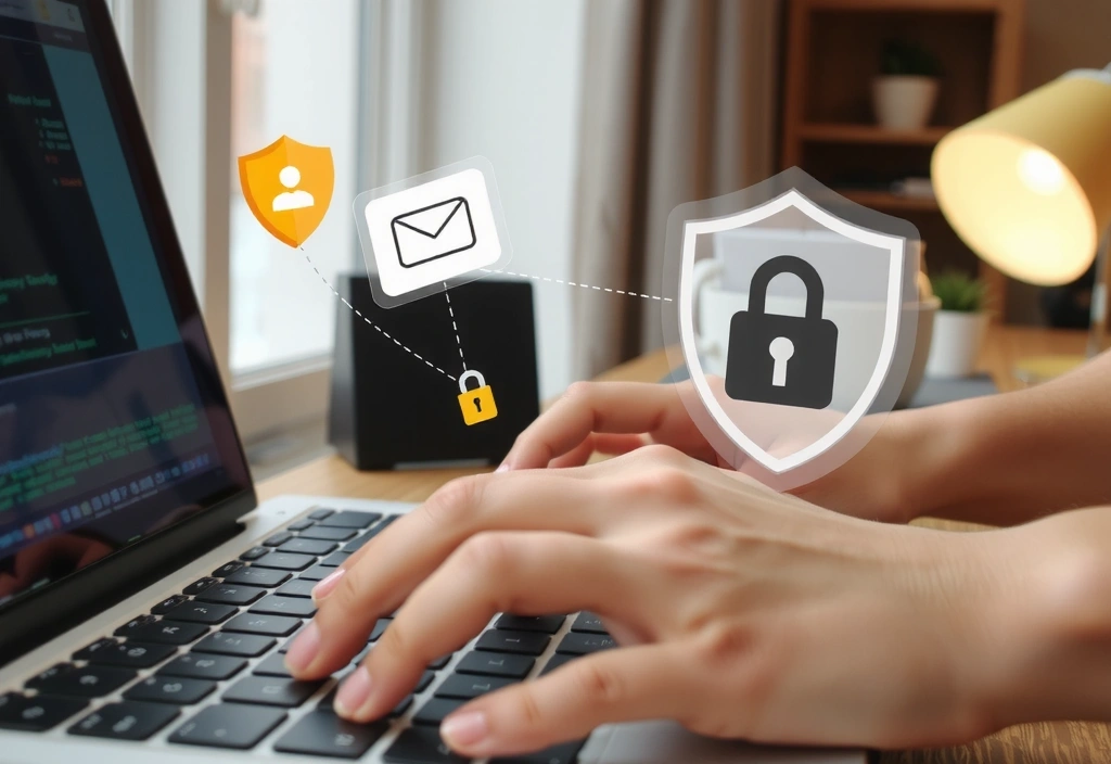 Mani che digitano su una tastiera, con icone di sicurezza informatica e privacy sullo sfondo.