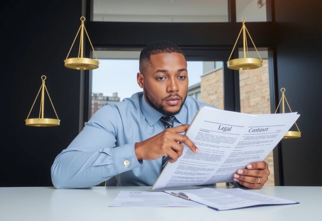 Una persona che legge i termini e condizioni su un tablet, circondata da simboli di equilibrio e chiarezza legale.